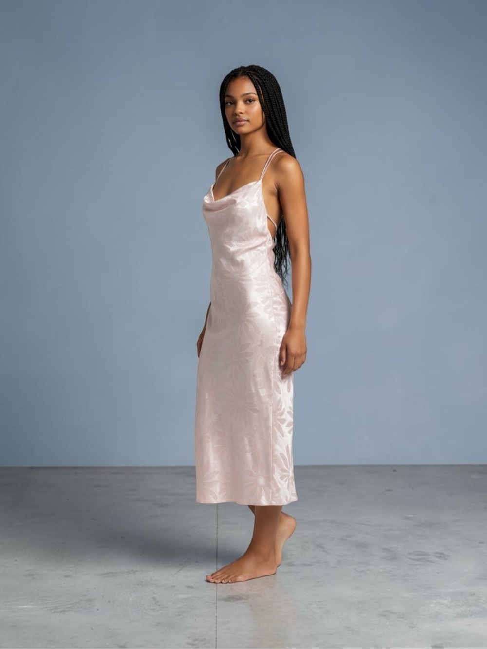Aakaa Pale Pink Satin Cowl Slip Midi Dress
